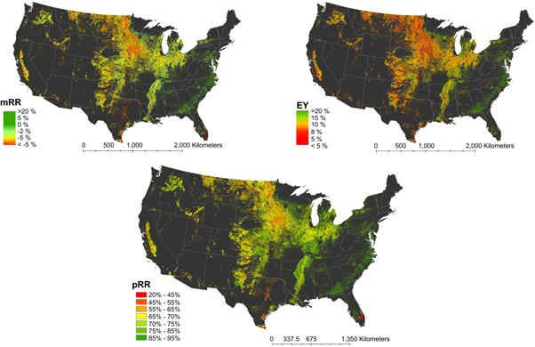 US maps showing biochar application response ratios and effectiveness probability